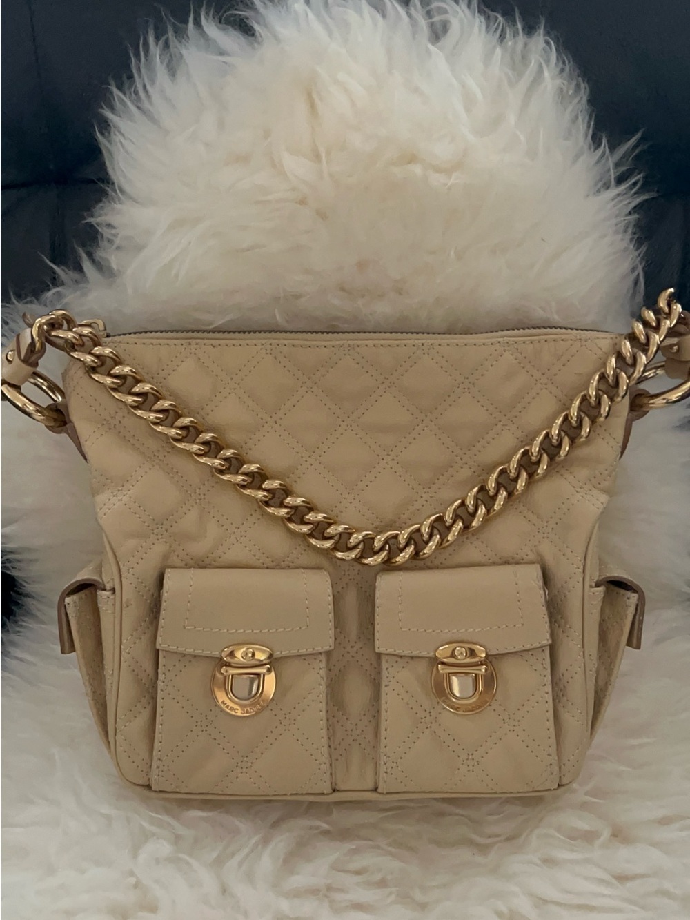 Marc Jacobs Cream Quilted Shoulder Bag with Gold Chain and Front Pockets